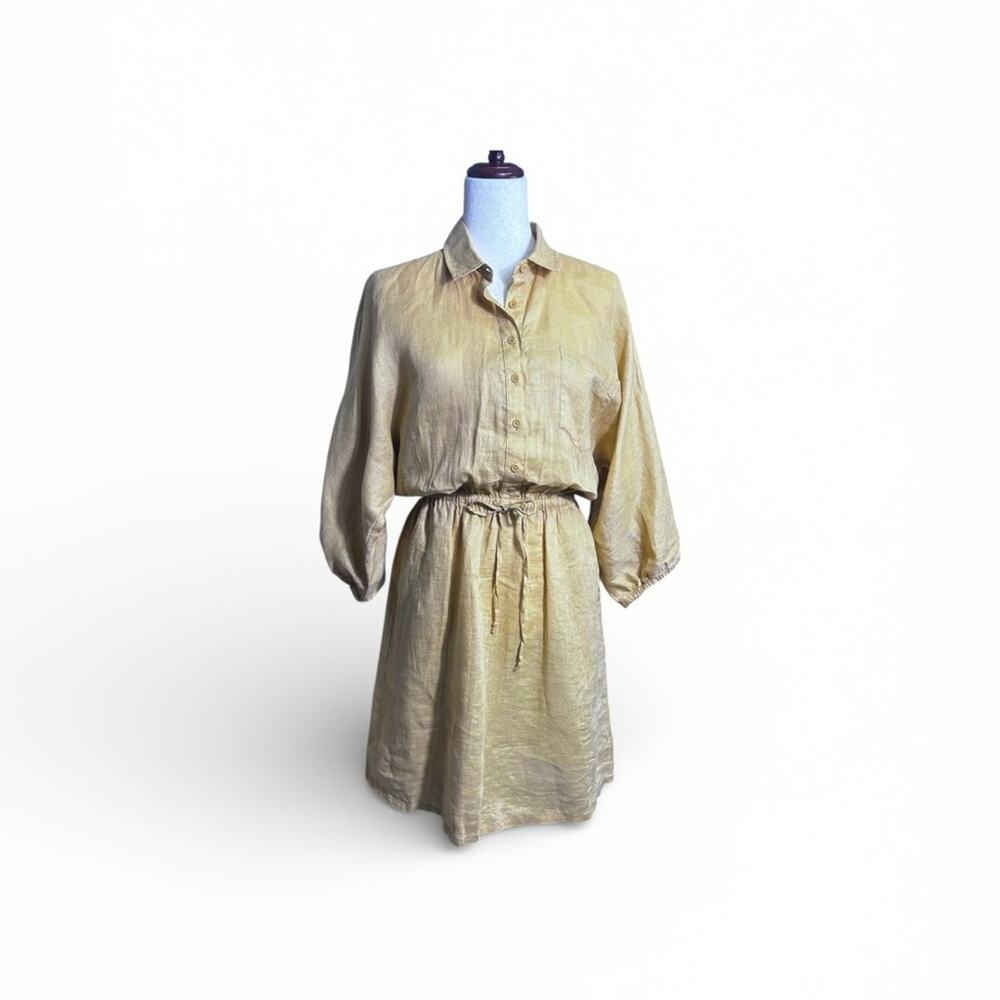 Garnet Hill Yellow Linen Long Sleeve Gold Belted Button Down Dress Size 8 0147